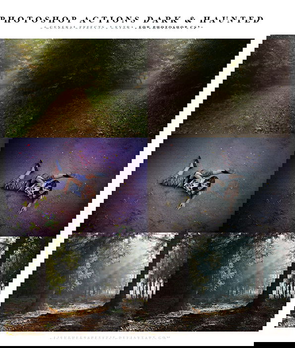 A screenshot of before-and-after landscape and portrait photos with free Dark and Haunted Photoshop actions applied