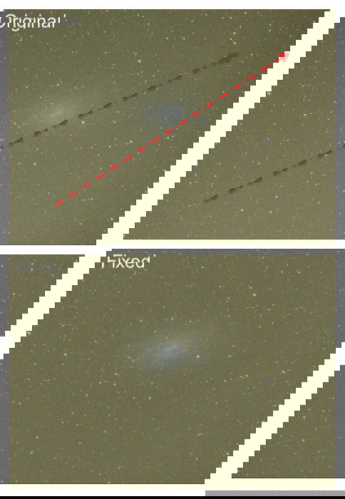 Astrophotography diptych before and after using GradientXterminator By Russel Croman