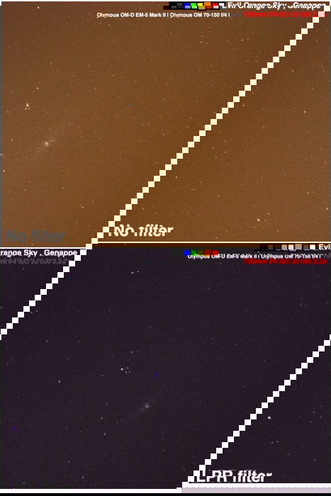 Diptych comparing trying to photograph the Andromeda galaxy under a heavily polluted sky with and without an LPR filter.